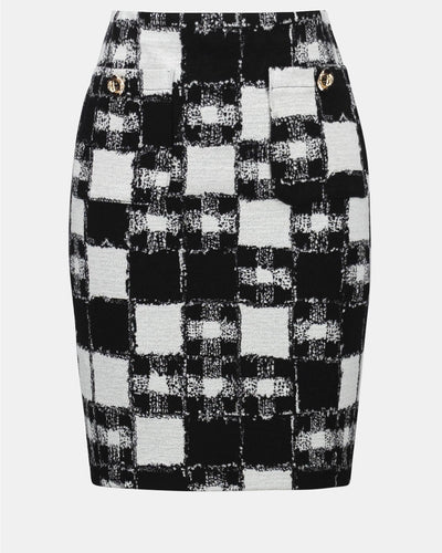 Jacquard Sweater Plaid Print Pull-On Skirt, Black/Cream