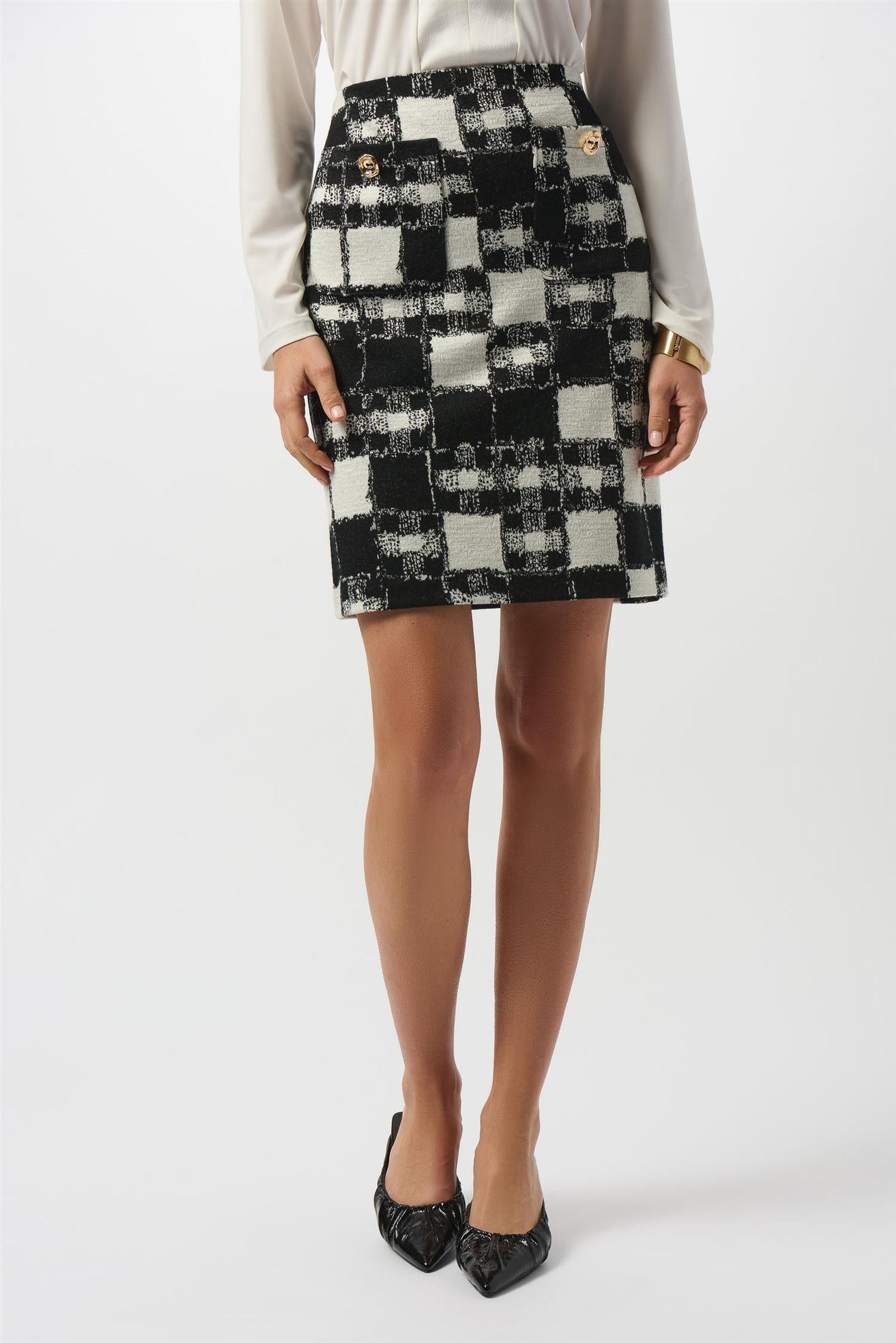 Jacquard Sweater Plaid Print Pull-On Skirt, Black/Cream fra Joseph Ribkoff - bilde 3