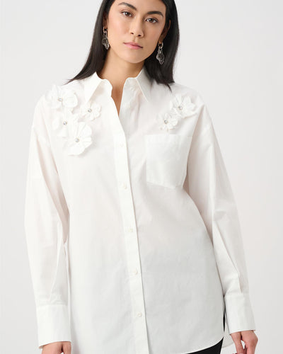 Cotton Poplin Blouse With 3D Flower and Rhinestone Detail, Vanilla