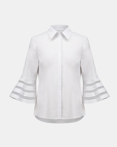 Stretch Poplin Straight Blouse with Organza Bell Sleeves, White