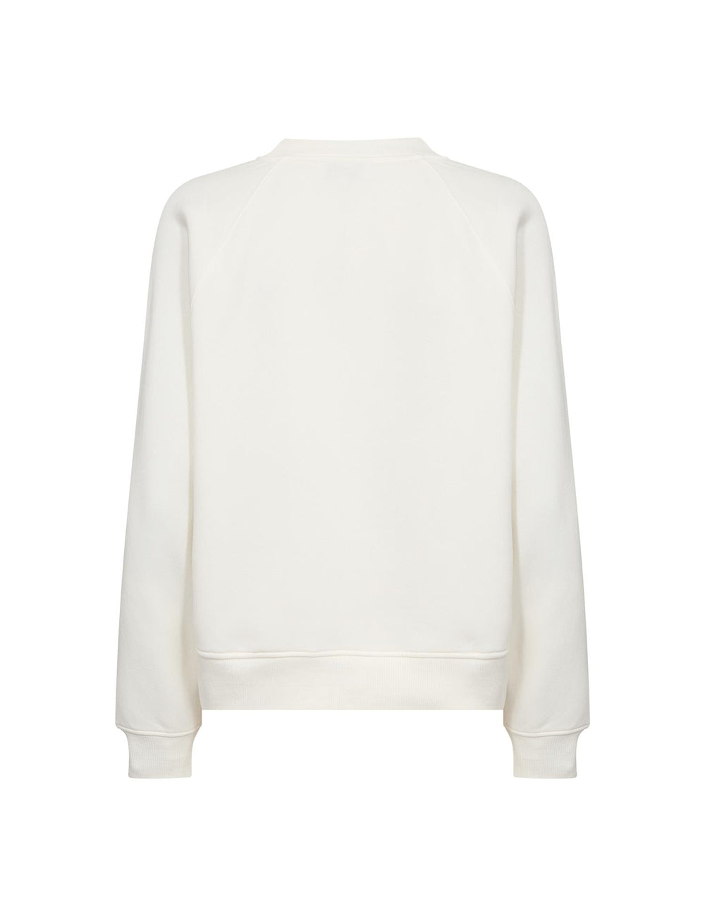 Bakside av hvit sweatshirt med raglan-inspirerte skuldersømmer og ribbet kant nederst