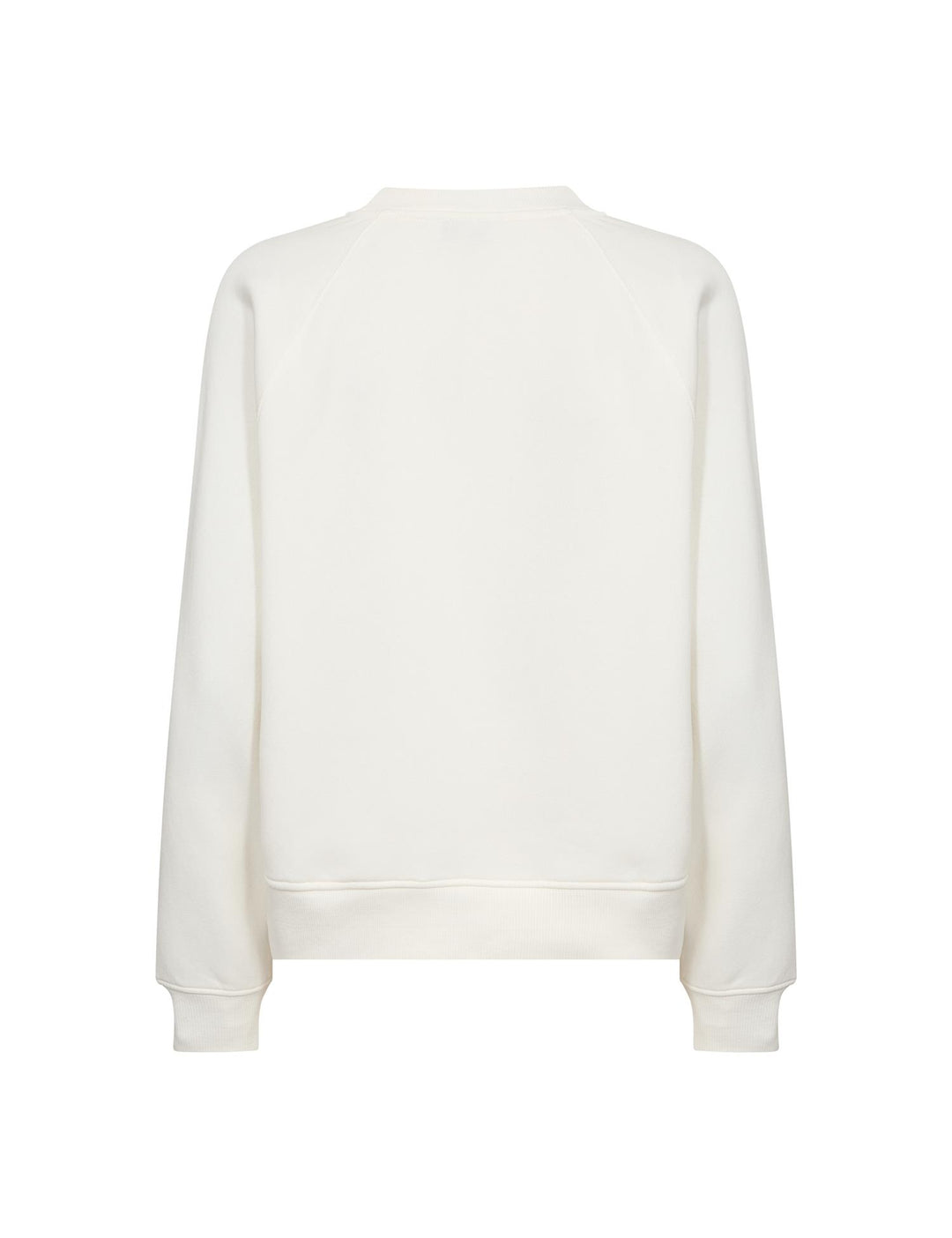 Bakside av hvit sweatshirt med raglan-inspirerte skuldersømmer og ribbet kant nederst