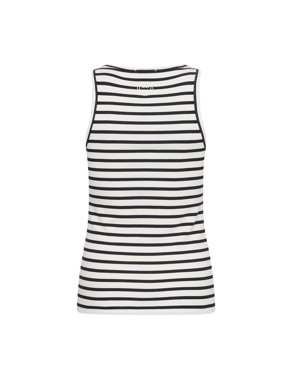 Bakside av marineblå og hvit stripet singlet med rund halsutskjæring, flat lay