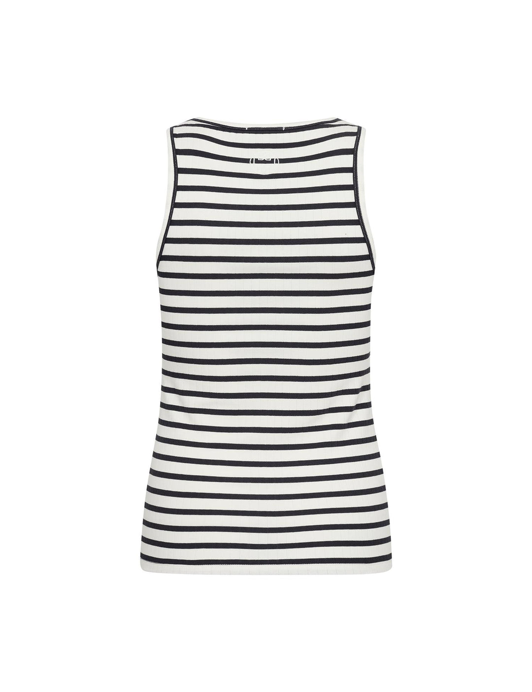 Bakside av marineblå og hvit stripet singlet med rund halsutskjæring, flat lay