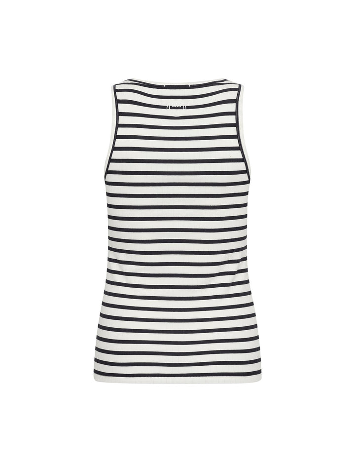 Bakside av marineblå og hvit stripet singlet med rund halsutskjæring, flat lay