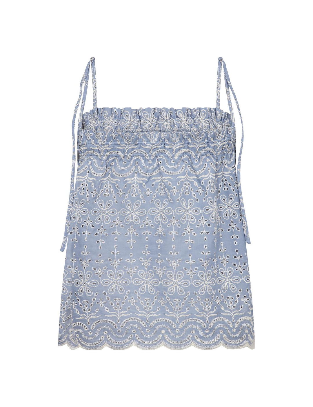 Frontsett av lys blå brodert sling med justerbare stropper, hengende på hvit bakgrunn