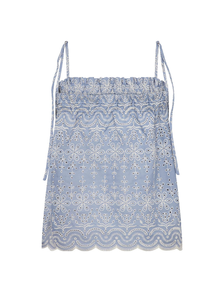 Frontsett av lys blå brodert sling med justerbare stropper, hengende på hvit bakgrunn