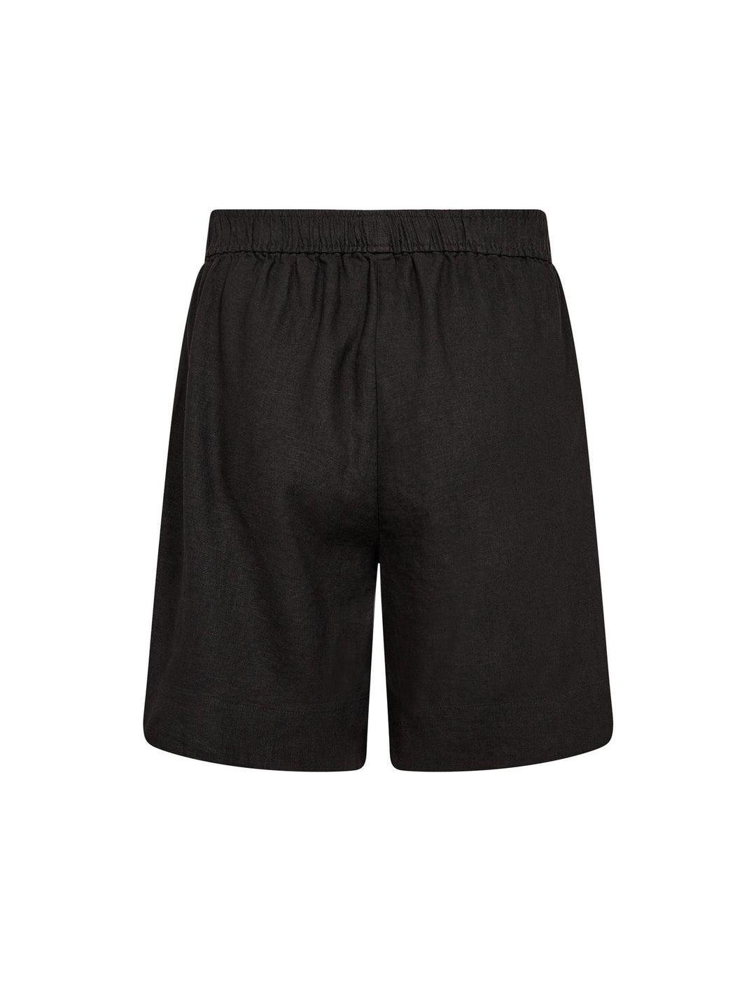Bakside av svarte shorts med bred elastisk linning og hvit merkelapp, flat lay