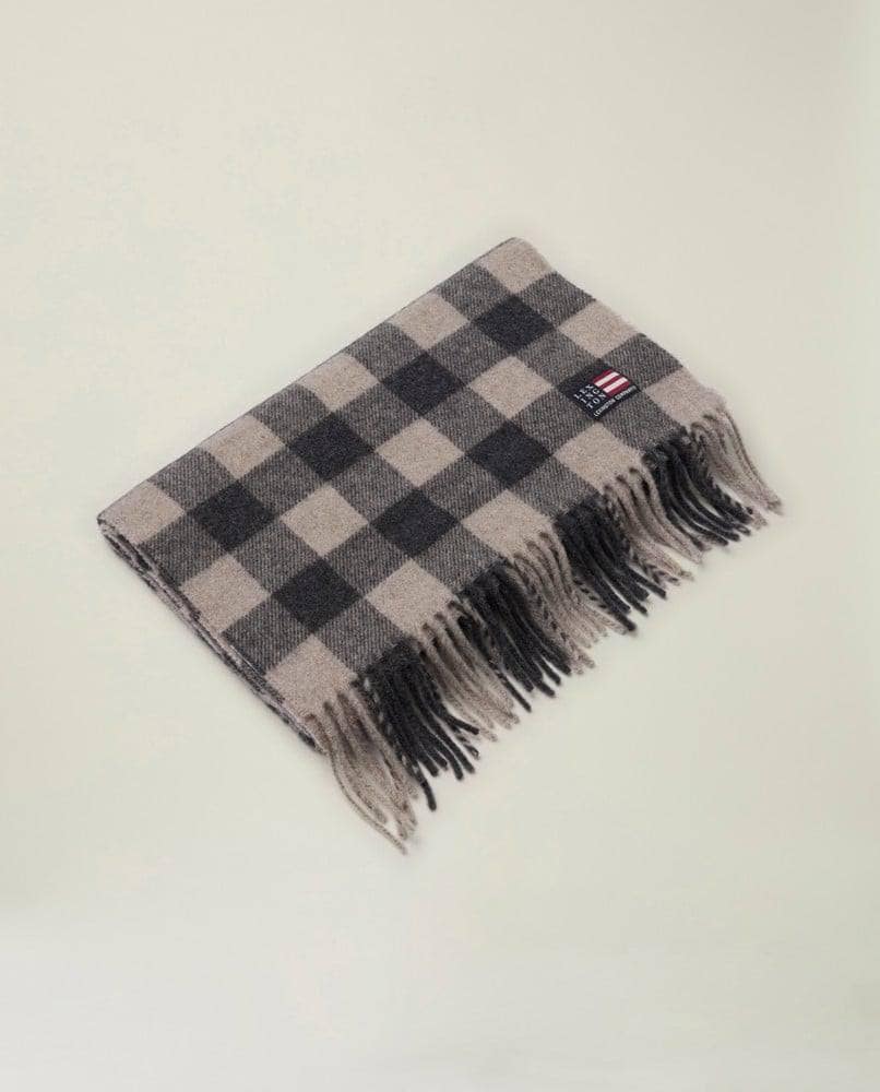 Massachusetts Wool Blend Scarf, Grey/Beige Check