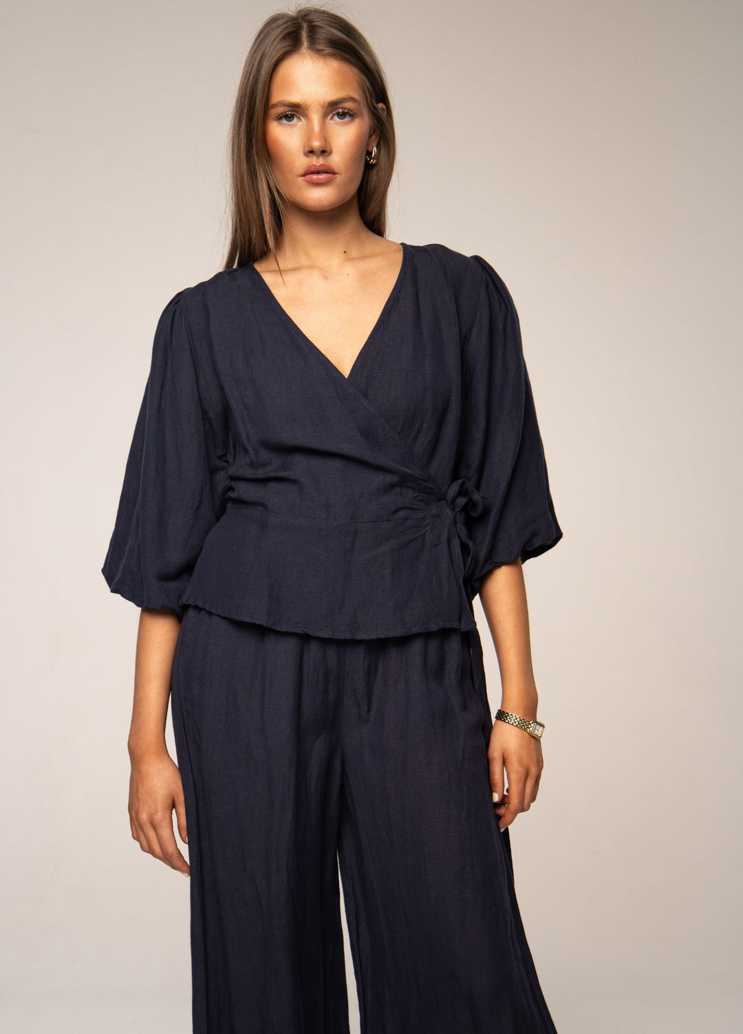 Nelli Wrap Top, Sailing Blue Linen