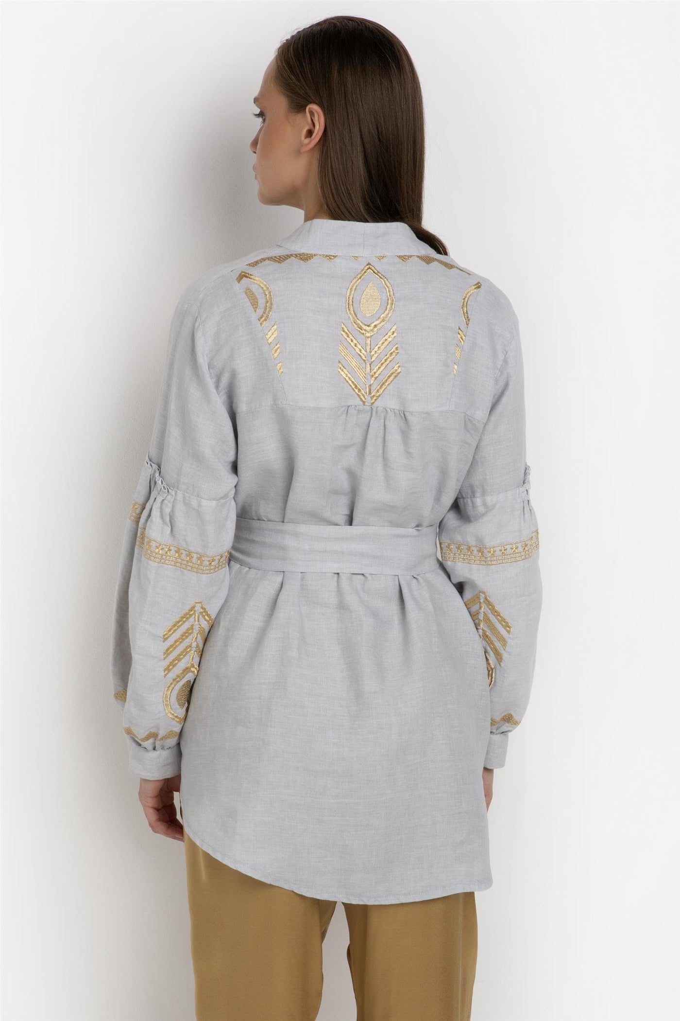 Blouse Feather Long Sleeve, Lt Grey/ Gold
